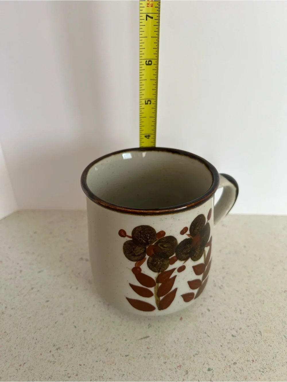 Vintage 1970’s Stoneware Hand Painted Cup Brown Floral Design Coffee Mug 12oz